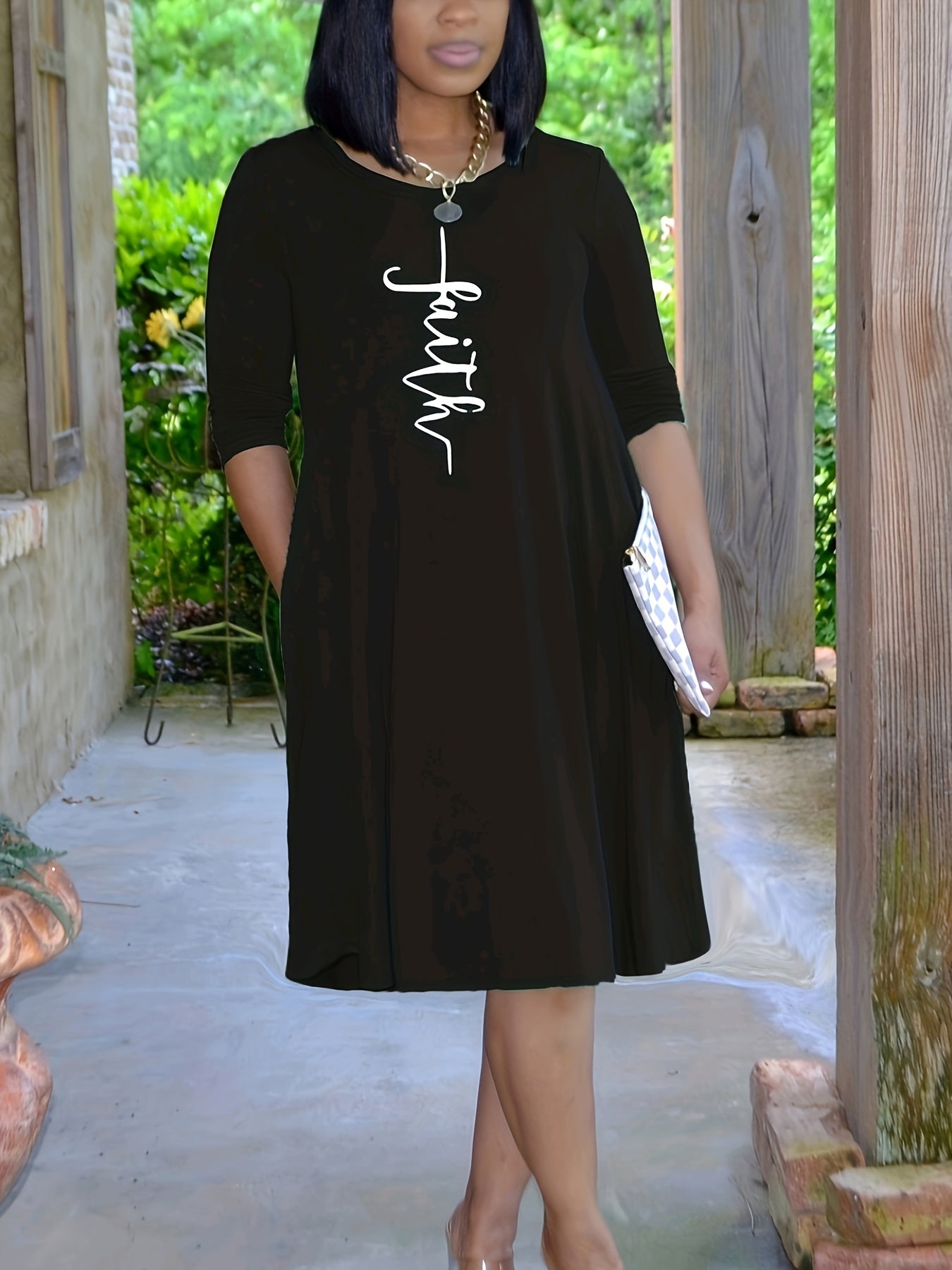  Casual Dress Women's Plus Letter Print Half Sleeve Round Neck Dress
