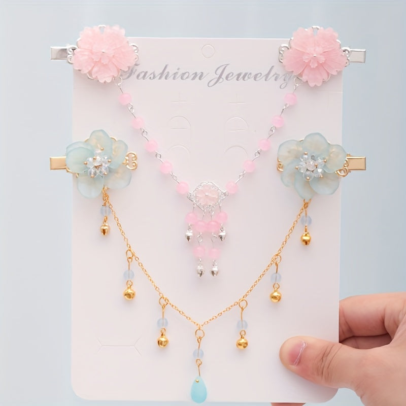 Chinese Style Flower Hair Clip with Tassel Chain - Headdress Jewelry