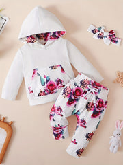 Baby Girls Hooded Pocket Long Sleeve Sweatshirt Flowers Pants Set