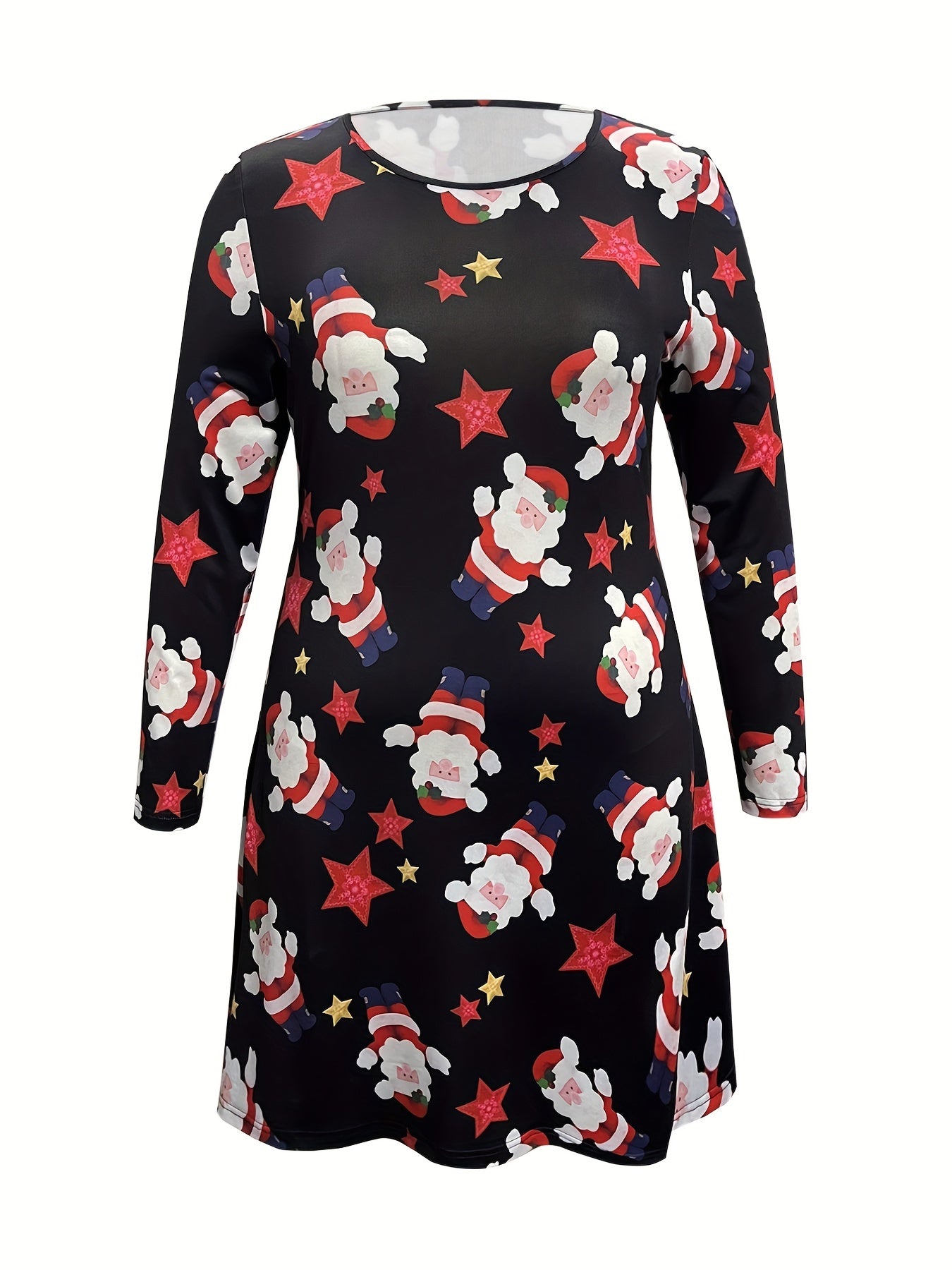  Christmas Dress Women's Plus Santa Star Print Long Sleeve Dress