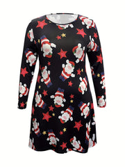  Christmas Dress Women's Plus Santa Star Print Long Sleeve Dress