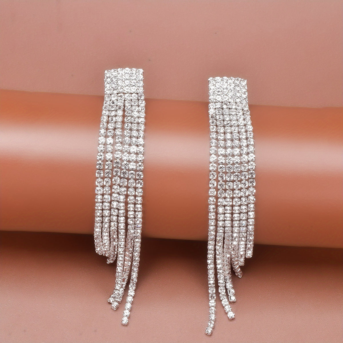 Sparkling Rhinestone Tassel Earrings Copper Silver Plated