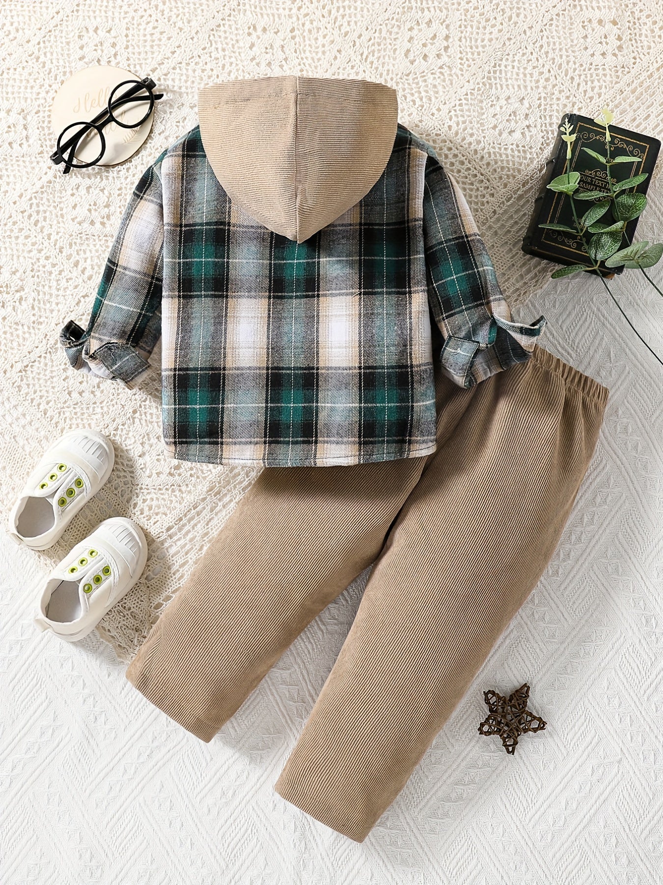 Baby Boys Plaid Hooded Pullover Top Pants Suit