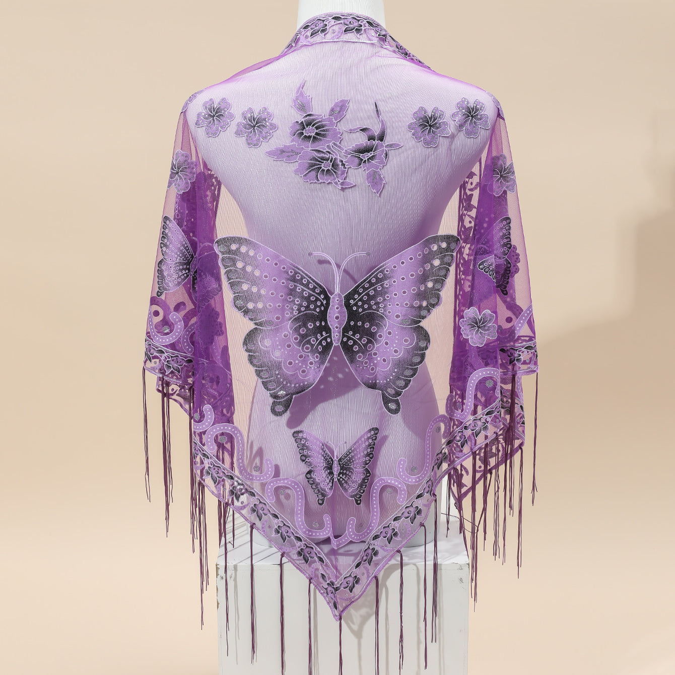 Triangle Scarf Butterfly Flower Embroidery Lace Tassel Shawl