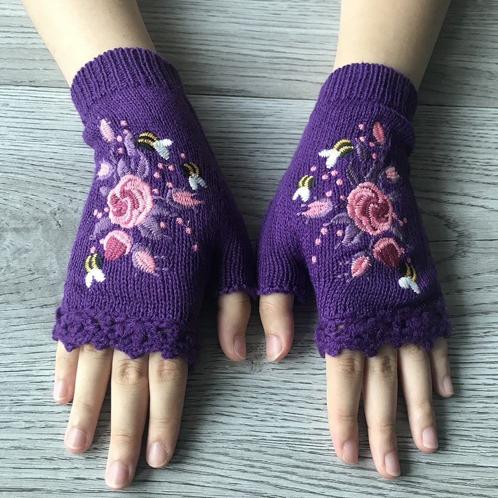 Women's Flower Knit Fingerless Gloves