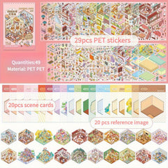 49 pcs Scrapbook Sticker Collection: PET Stickers & Background Cards Set