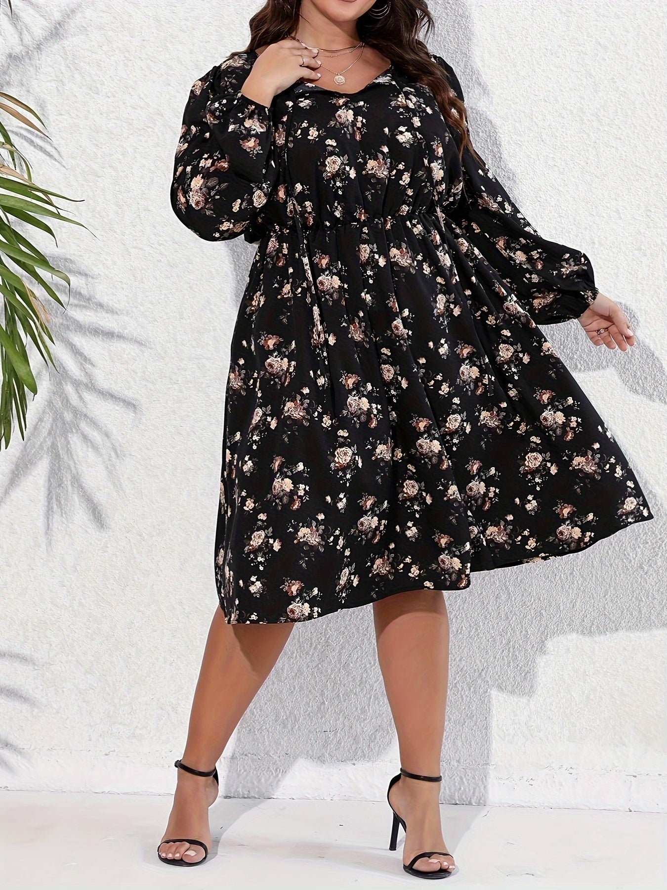  Boho Ditsy Floral Tie Front Lantern Sleeve Dress
