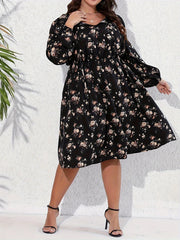  Boho Ditsy Floral Tie Front Lantern Sleeve Dress