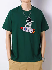 Rocket & Astronaut Pattern Print Men's Graphic Cotton Crew Neck T-shirt