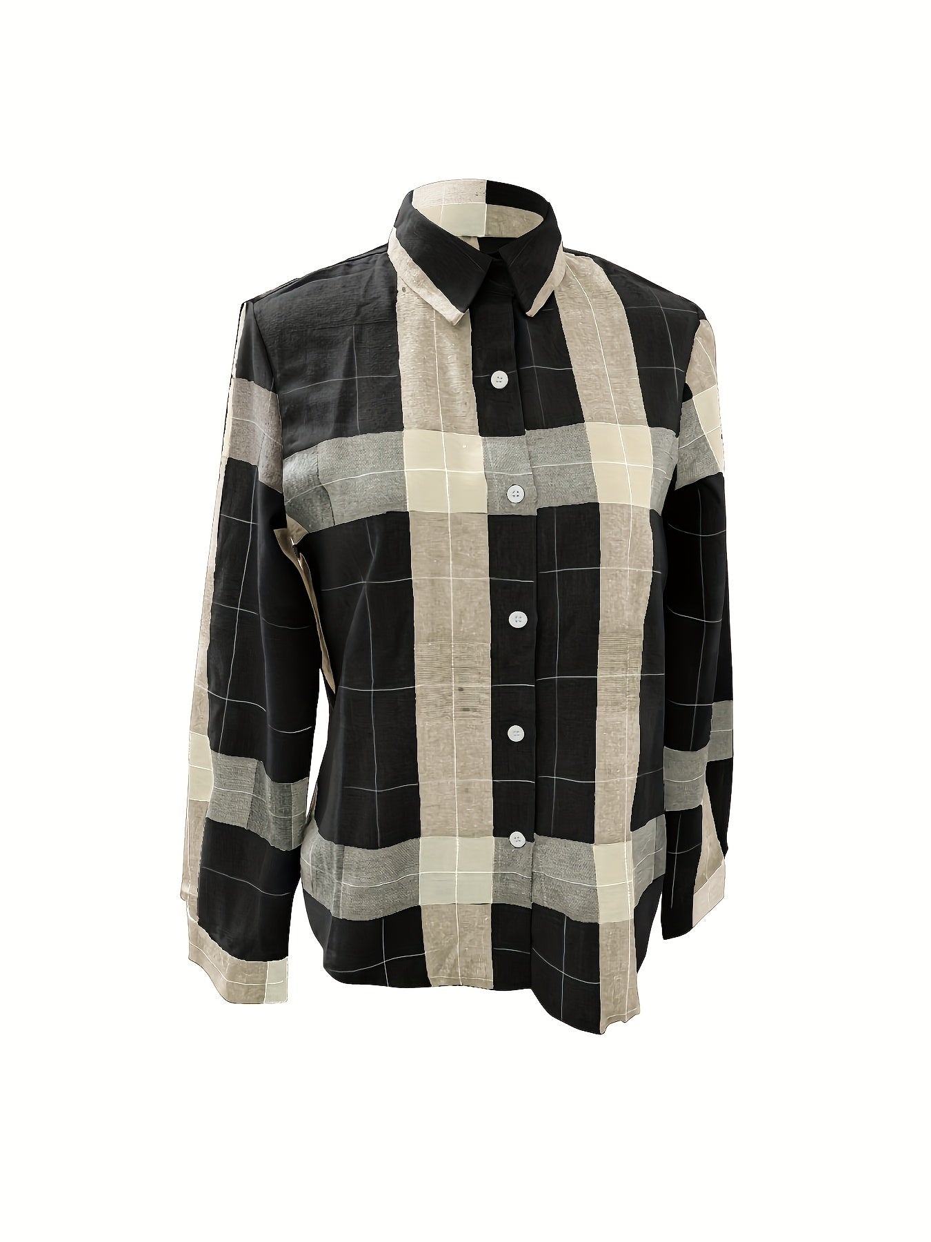  Plaid Print Button Up Long Sleeve Blouse