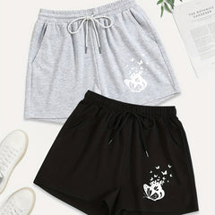 2 Pack Plus Size Casual Shorts Women's Plus Butterfly Print Drawstring Shorts