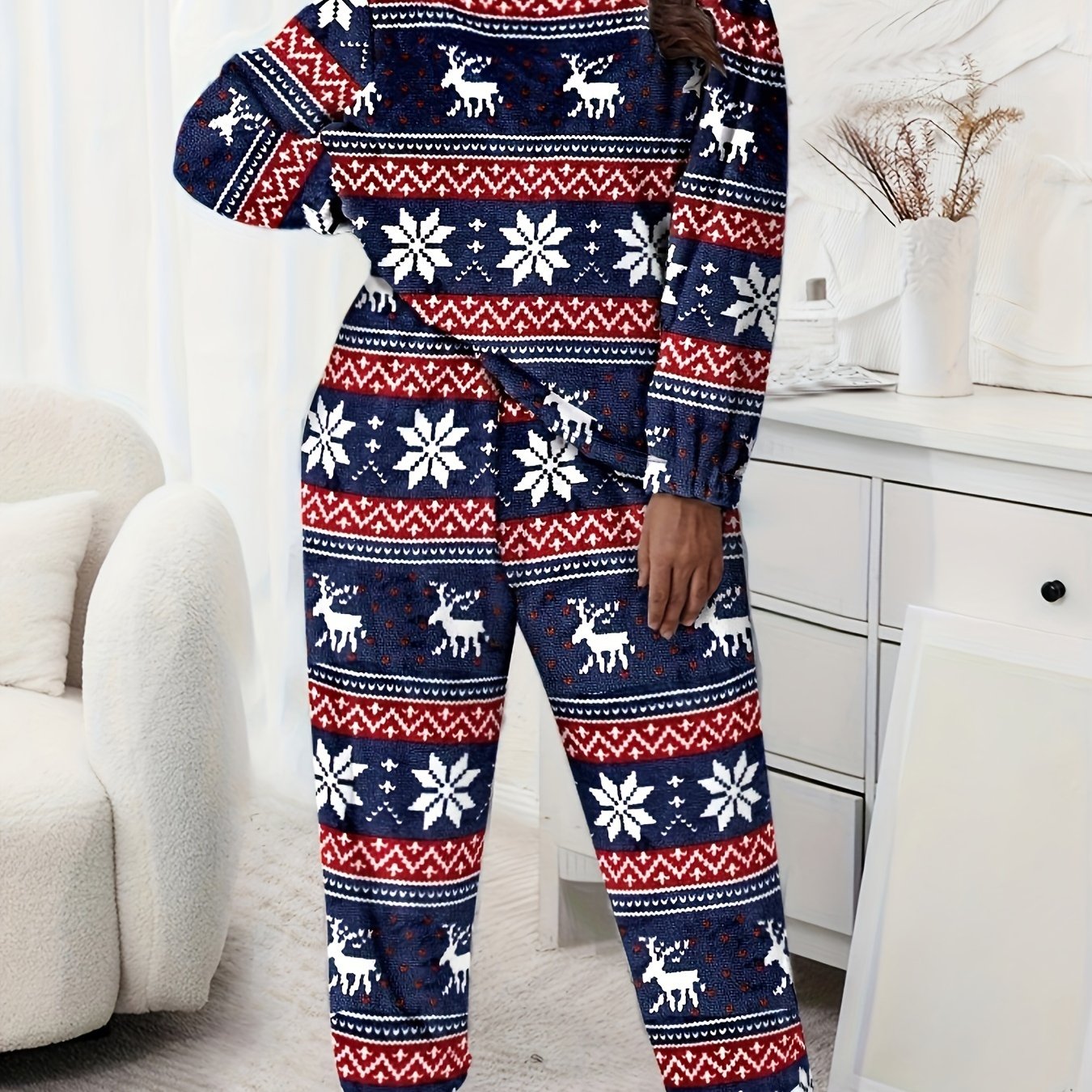  Christmas Loungewear Set Women's Plus Geo Snowflake & Elk Print Flanne
