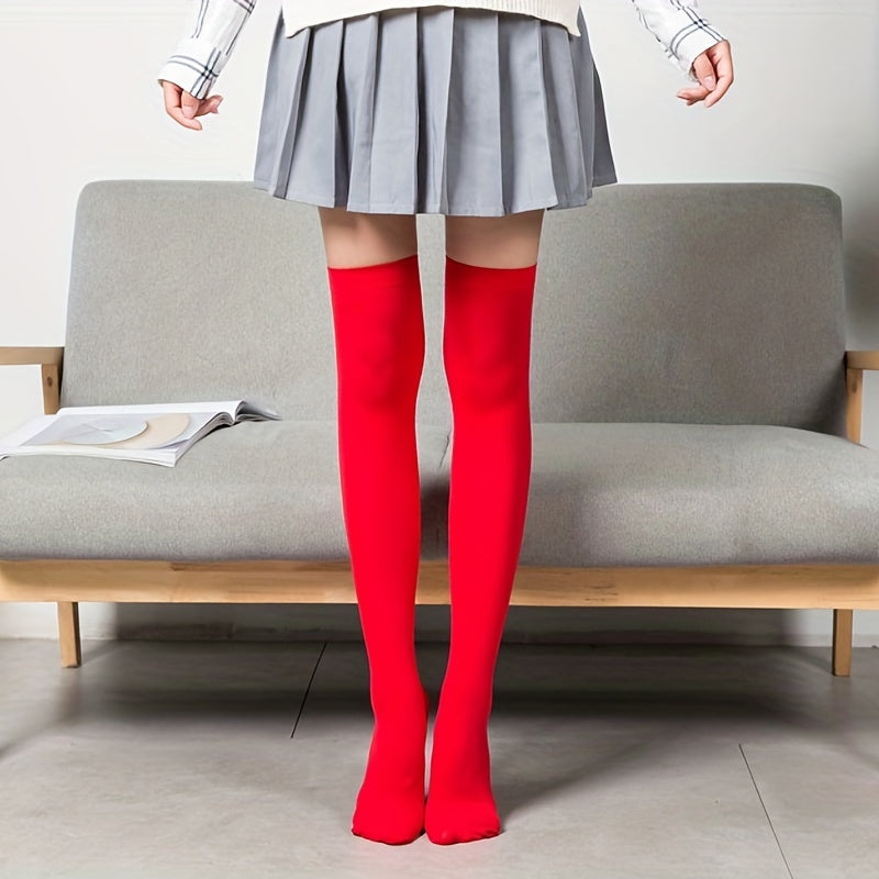 3 Pairs Solid Thigh High Socks Elastic Over The Knee Stockings