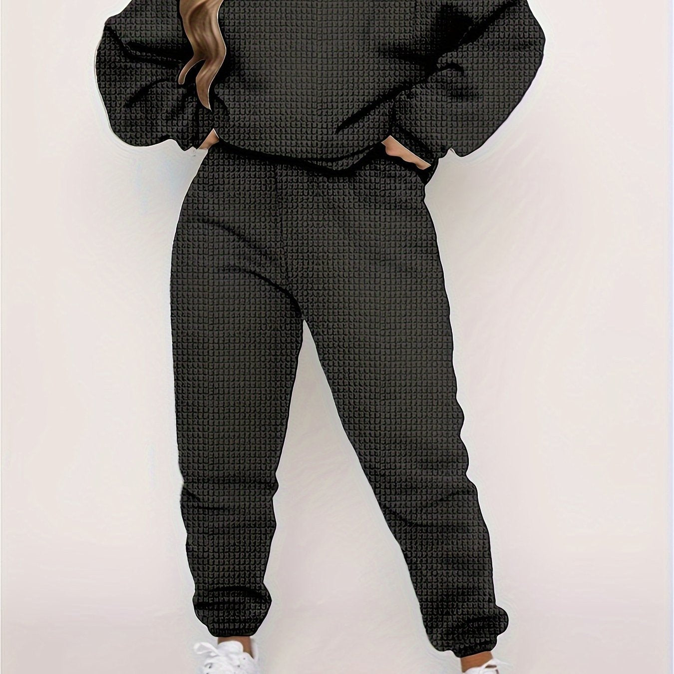 Plus Size Checkered Crew Neck Pullover & Joggers Set