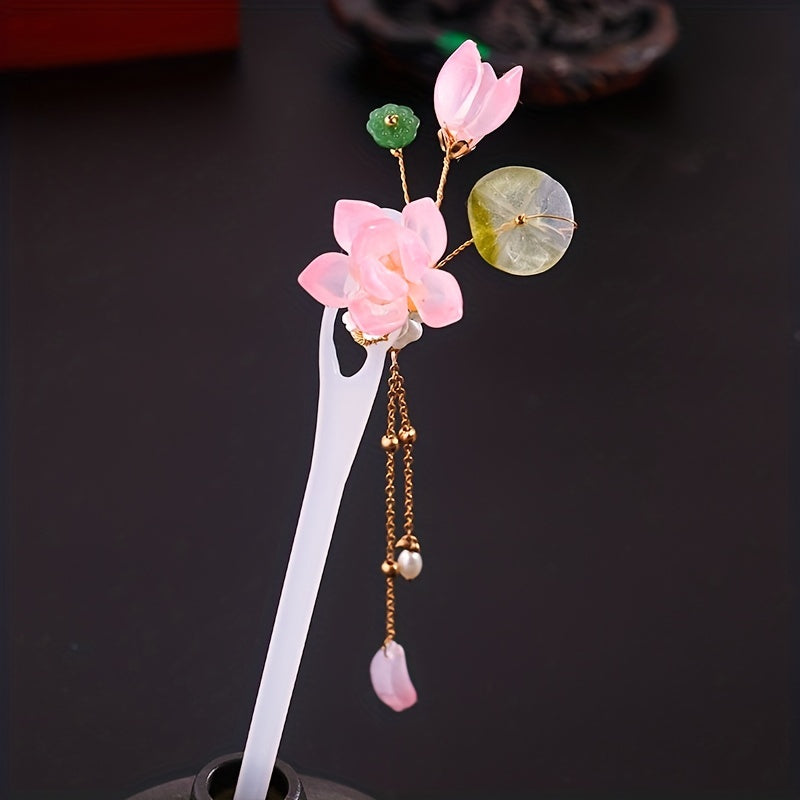 Chinese Style Flower Hairpin with Tassel Ponytail Holder