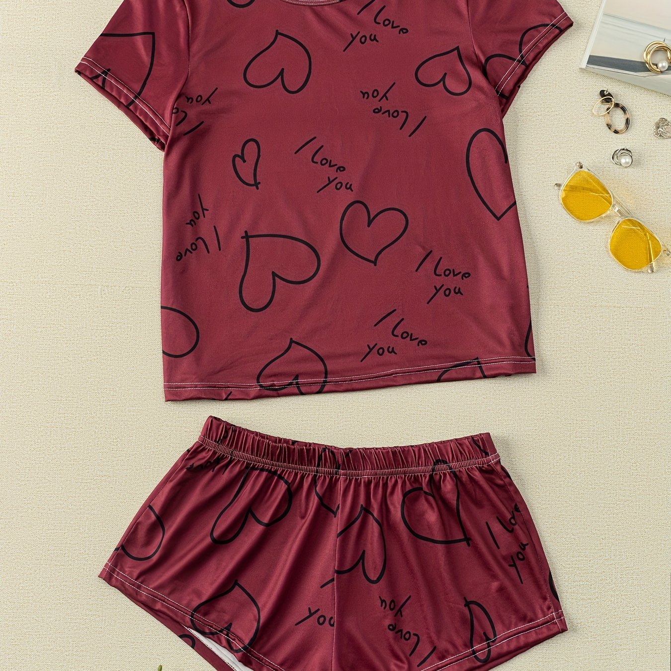 Heart Print Pajama Set Short Sleeve Crew Neck Top & Cozy Shorts