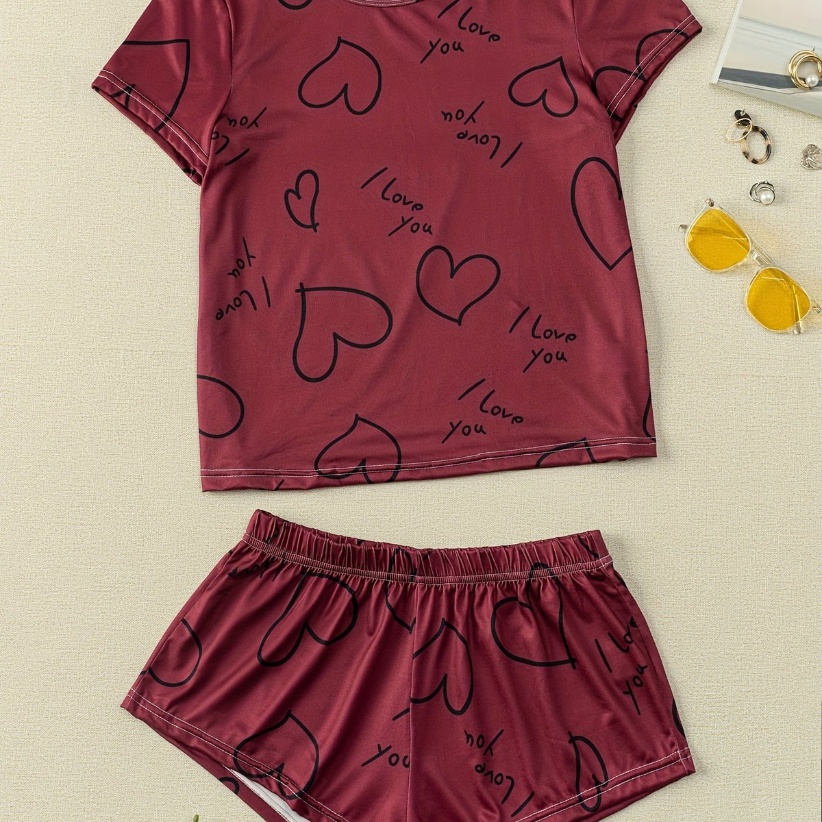 Heart Print Pajama Set Short Sleeve Crew Neck Top & Cozy Shorts