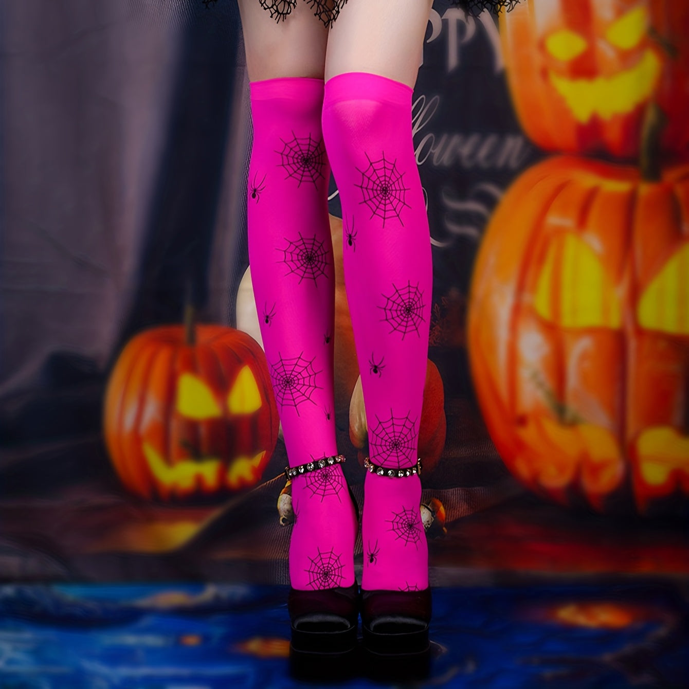 Spider Print Thigh High Socks Halloween Cosplay Over The Knee Socks