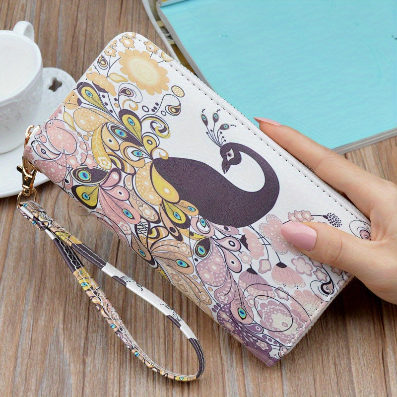 Peacock Print Long Wallet Clutch Purse Wrist Phone Bag