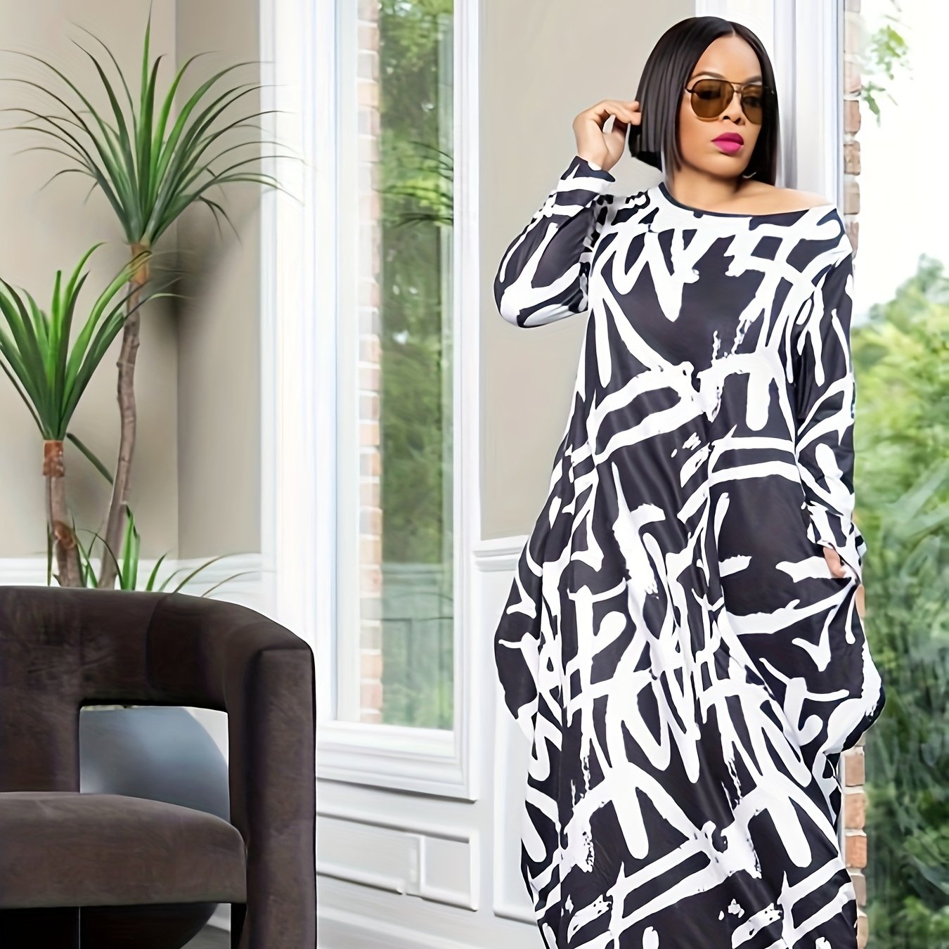 Women's Plus Graffiti Print Long Sleeve Casual Dress