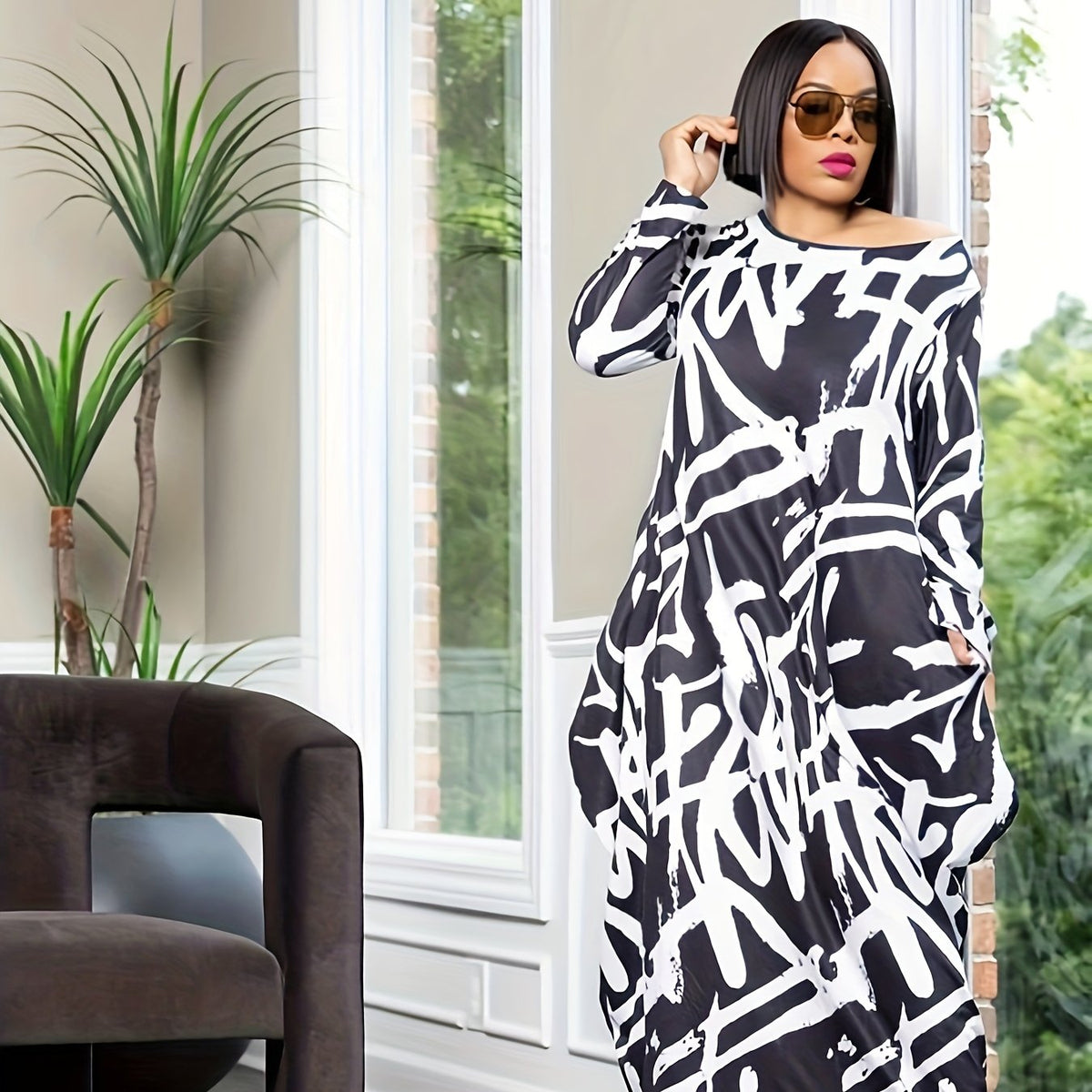 Women's Plus Graffiti Print Long Sleeve Casual Dress