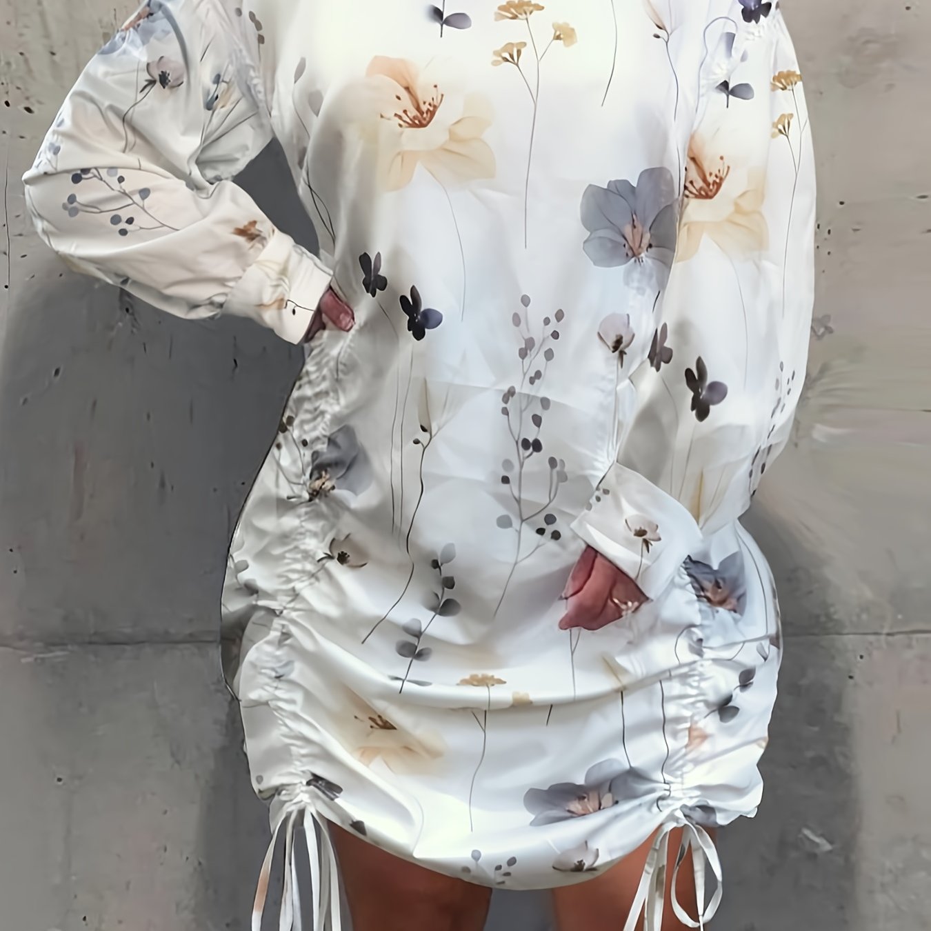 Women's Plus Floral Print Ruched Front High Neck Dress