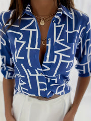  Letter Print Button Up Long Sleeve Blouse