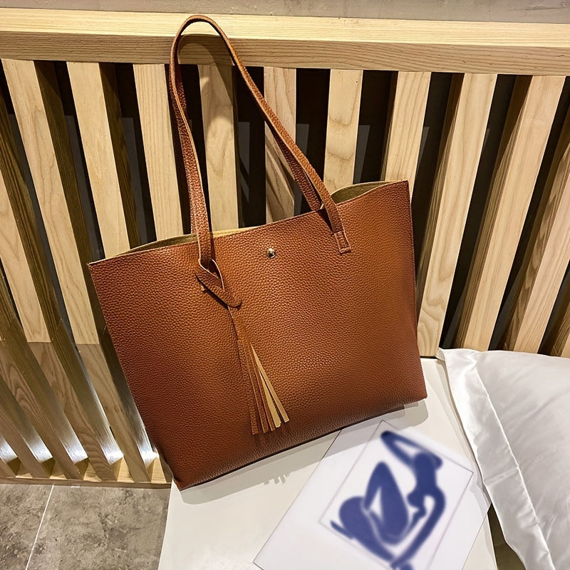 Large Capacity Shoulder Bag PU Leather Tote Versatile Portable Handbag