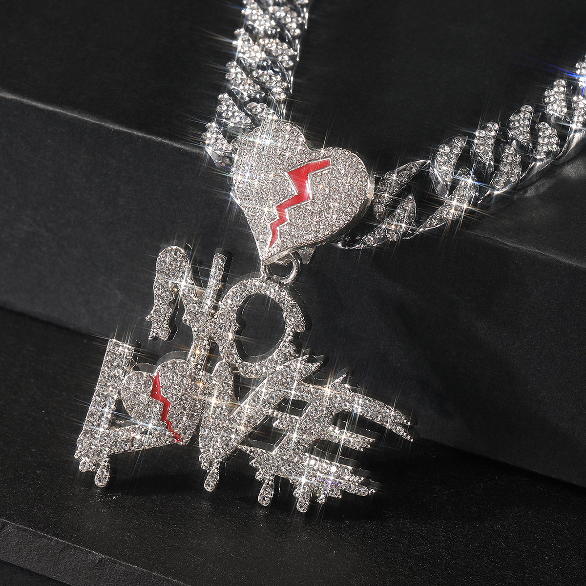 Silver Cuban Link Pendant Chain with Rhinestones