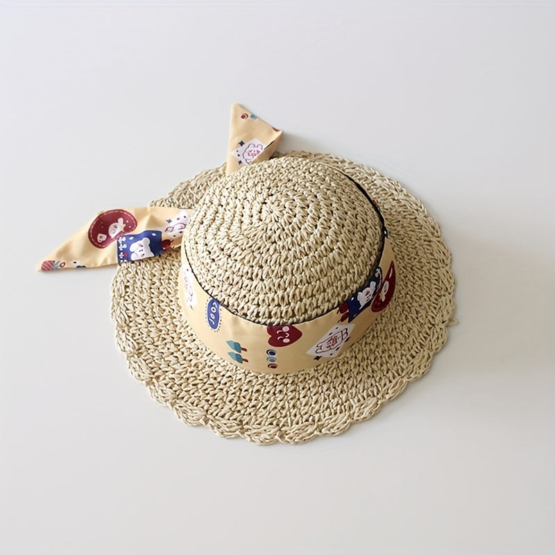 Kids Lace Ribbon Straw Hat for Girls Summer Vacation Beach Sun Hat
