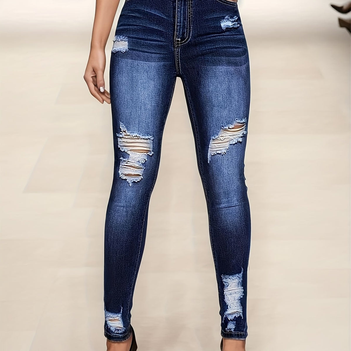 Dark Wash Skinny Jeans High Rise Stretchy Distressed Pants