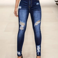 Dark Wash Skinny Jeans High Rise Stretchy Distressed Pants
