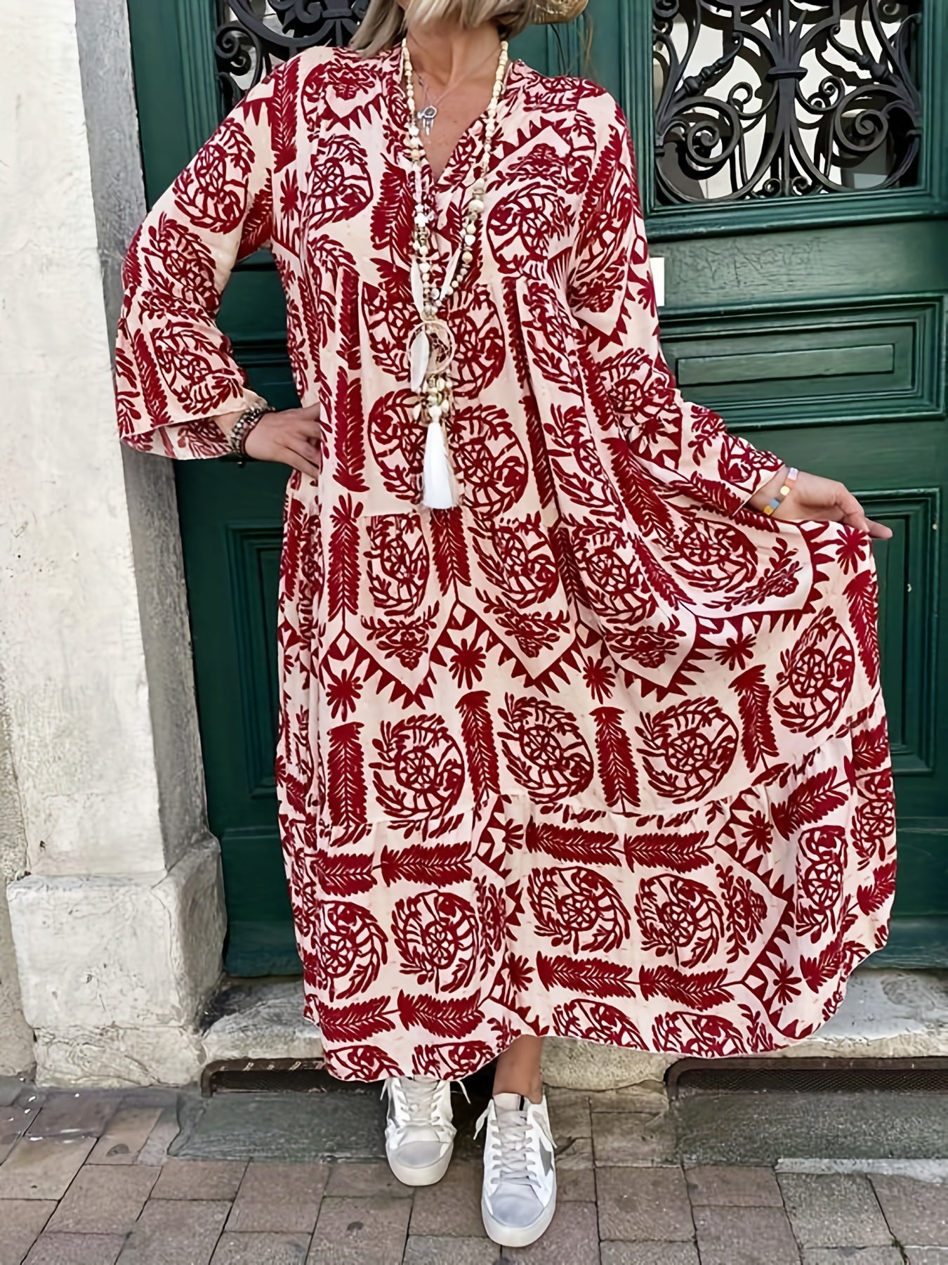  Geometric Print Bell Sleeve Maxi Dress