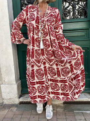 Geometric Print Bell Sleeve Maxi Dress