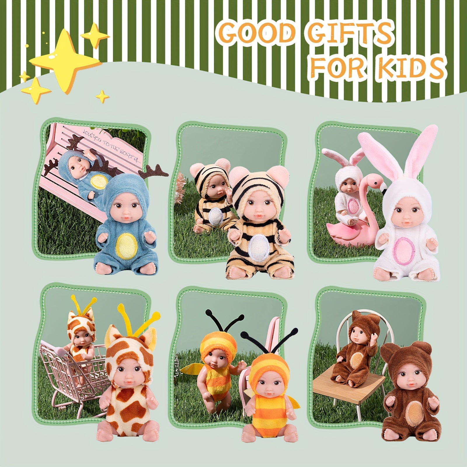 6pcs Baby Doll Set with Animal Outfits & Accessories for Kids Role Play