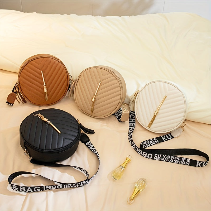 Chevron Quilted Round Bag Tassel Crossbody Bag Women's Small Circle Purse