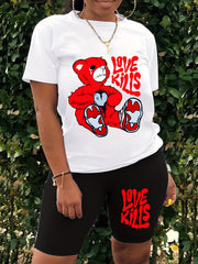 Casual Bear Print Two piece Set Short Sleeve T shirt & Skinny Shorts