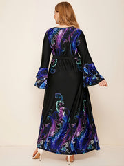 Floral Beaded Pearl Bell Sleeve Maxi Dress Plus Medium