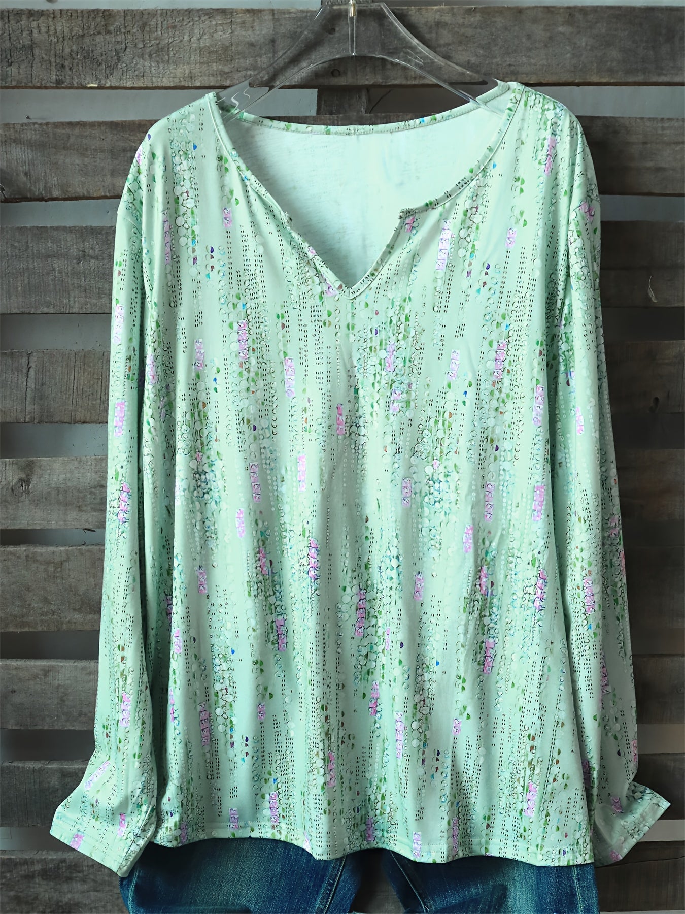 Casual Top Women's Plus Floral Print Notched Neck Loose Fit Top