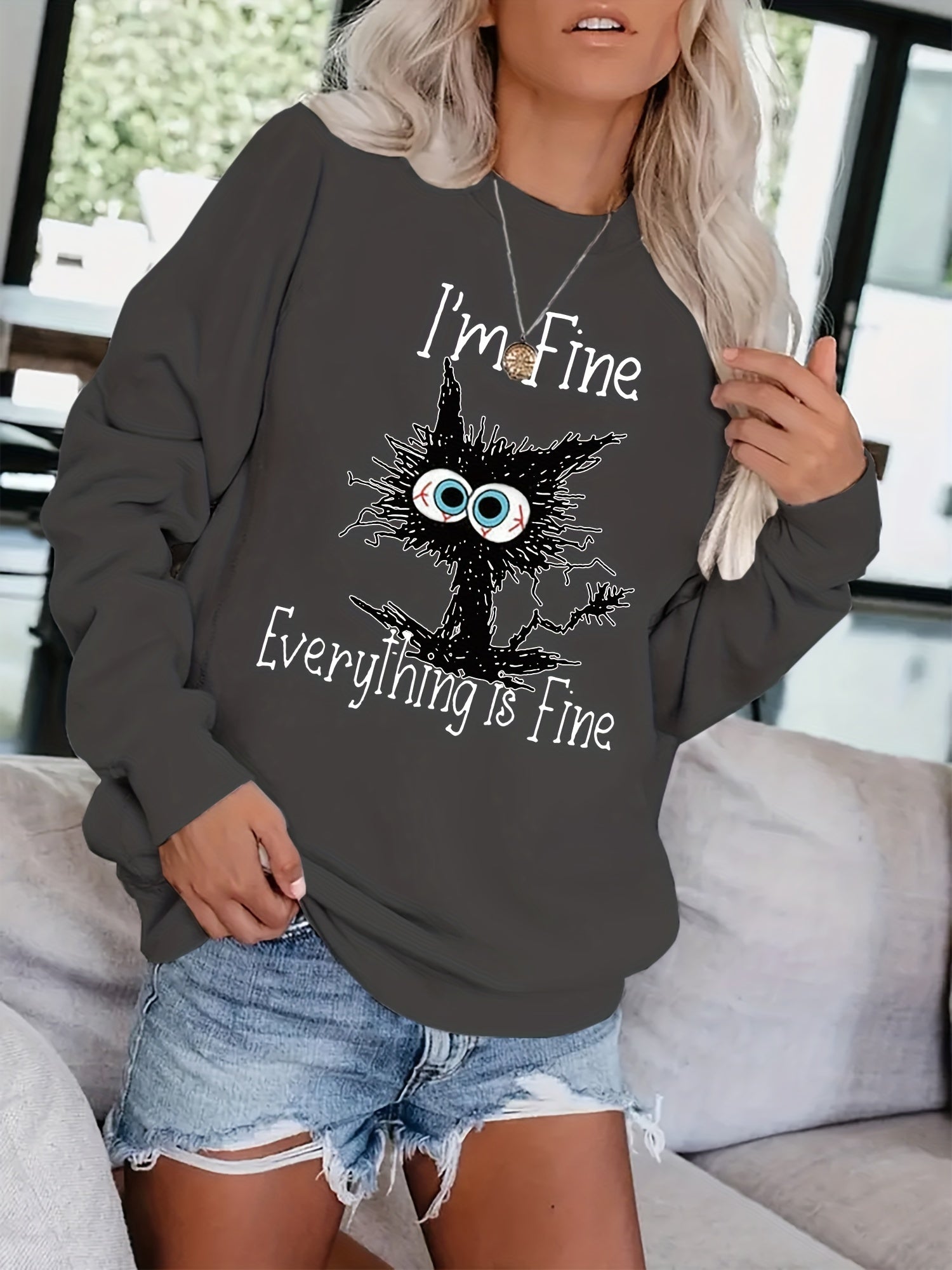 Tired Cat Print Pullover Sweatshirt for Women