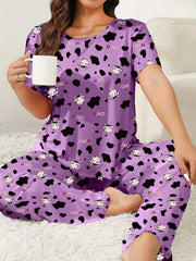  Cow & Letter Print Pajama Set Short Sleeve Tee & Pants Two Piece