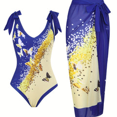  Butterfly Print Tankini Set & Wrap Skirt