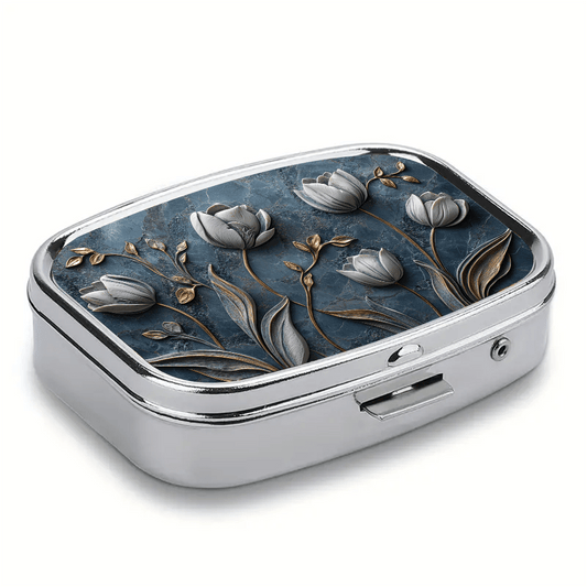 Floral 2D Relief Iron Pill Box 3 Compartment Portable Medication Organizer