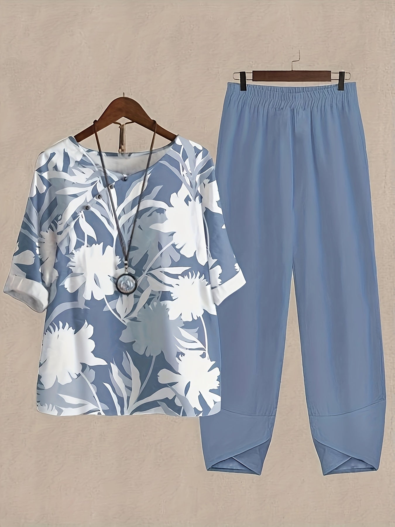 Plant Print 3/4 Sleeve Crew Neck Two Piece Set