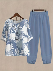 Plant Print 3/4 Sleeve Crew Neck Two Piece Set