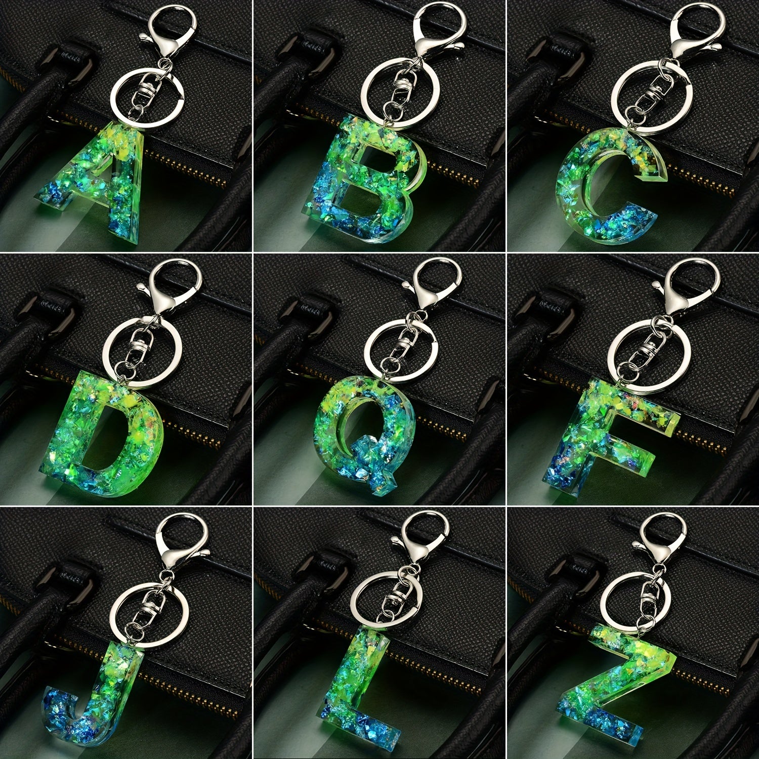 Green Resin Initial Letter Keychain Decorative Bag Accessory Key Ring