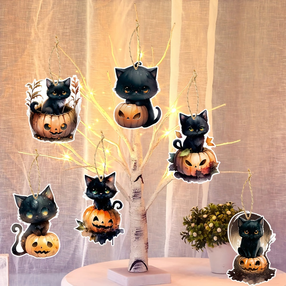 6pcs Halloween Cats Pumpkin Tree Ornaments Cardboard Hanging Cats Ornaments