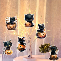 6pcs Halloween Cats Pumpkin Tree Ornaments Cardboard Hanging Cats Ornaments