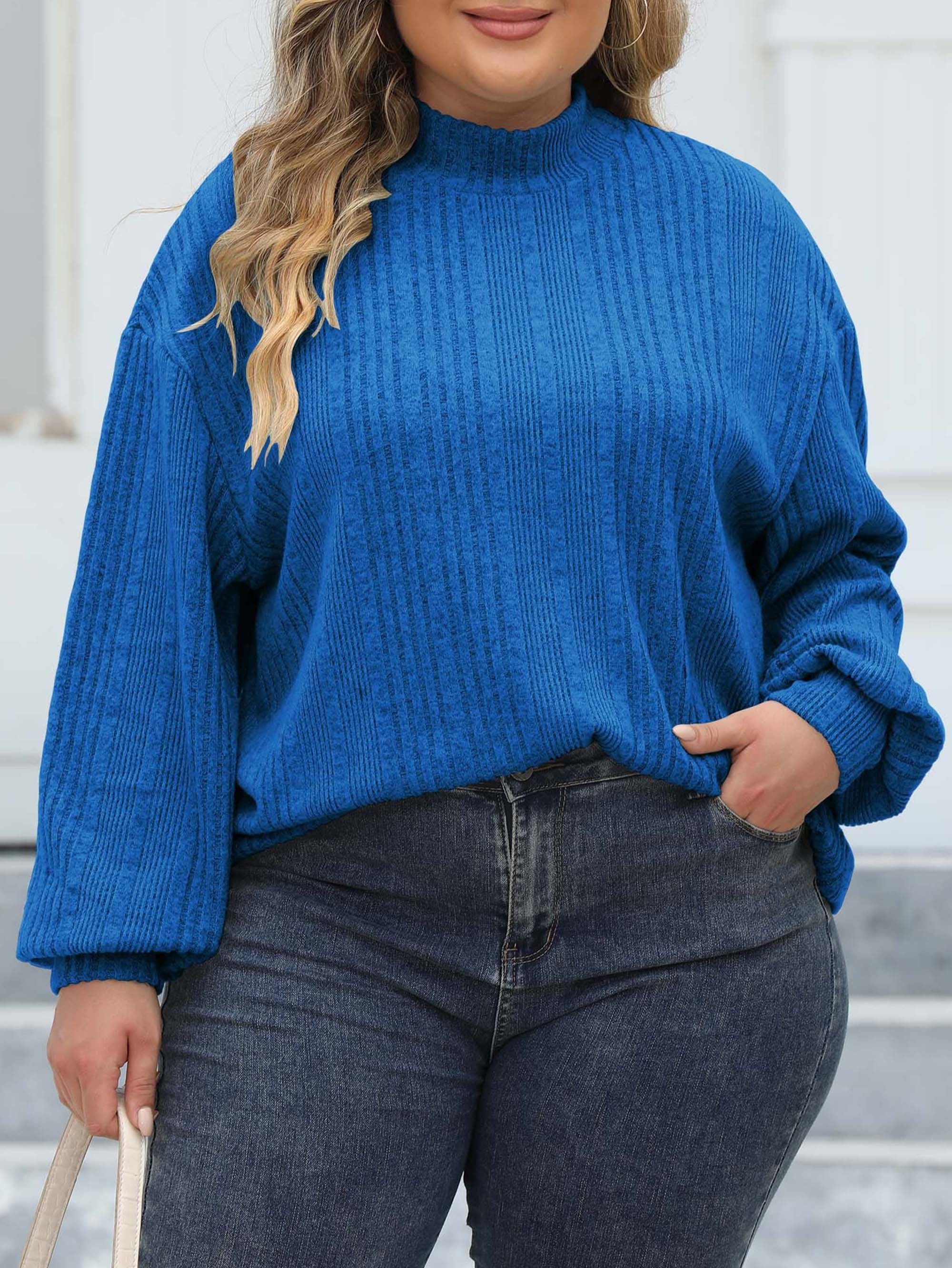  Casual Knit Top Solid Lantern Sleeve Round Neck Jumper