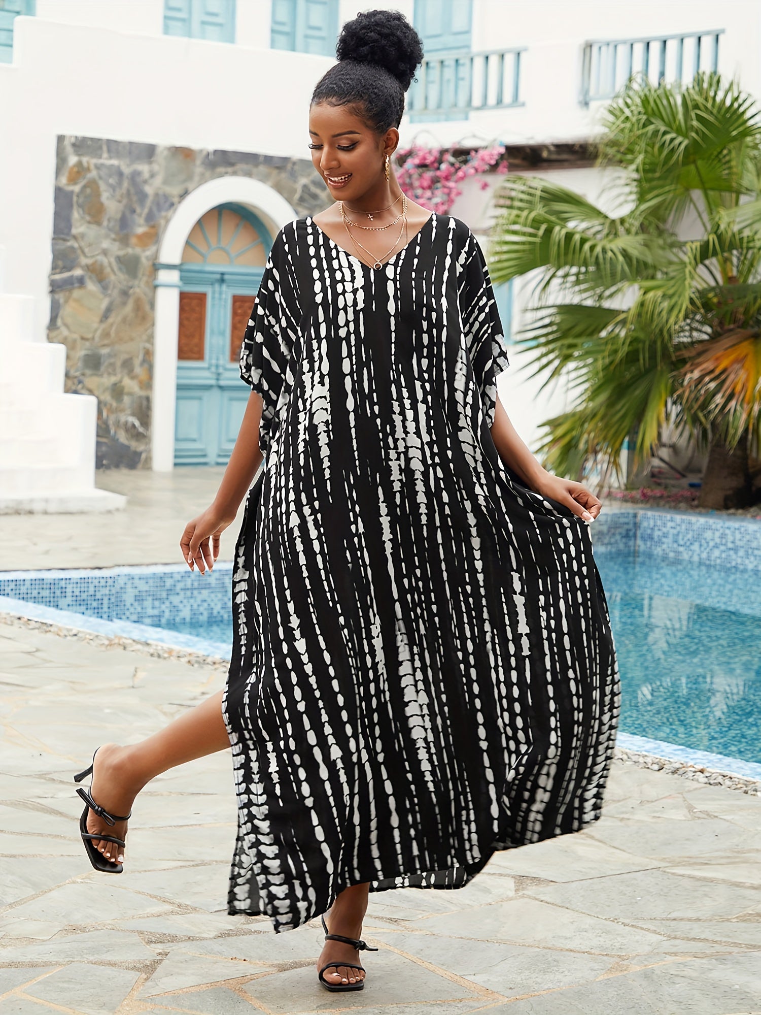  Boho Cover Up Women's Plus Striped Batwing Sleeve Maxi Kaftan Dress